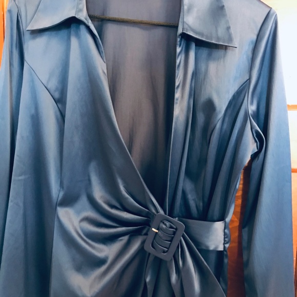 Royal Blue Satin Tie-Front Blouse - Picture 4 of 7
